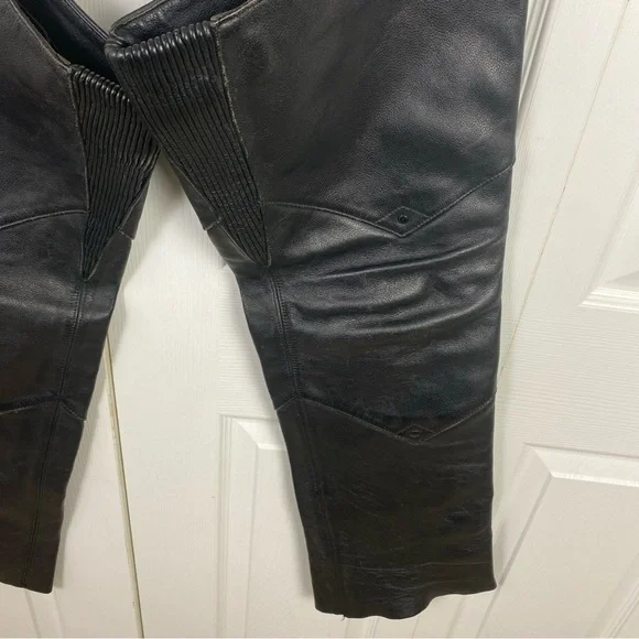 Harley Davidson Chaps Women XS Black Leather Riding Genuine Flared Leg Snap Away - Picture 5 of 9